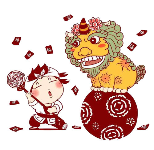 手绘人物舞狮子