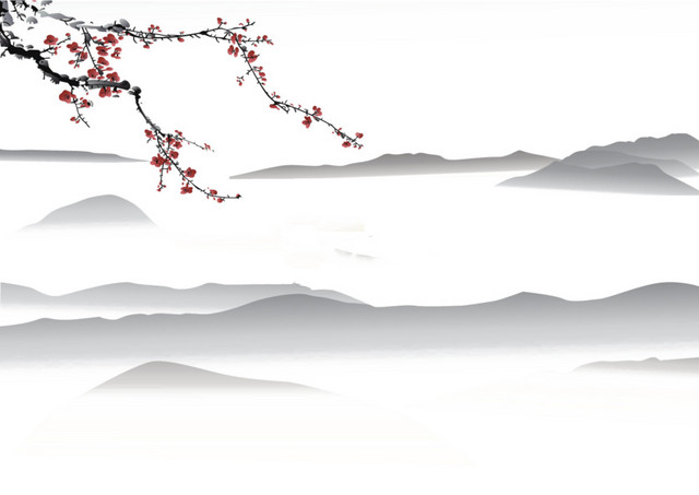 远山红梅水墨素材
