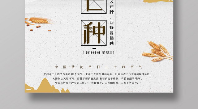 简约风2019传统二十四节气芒种金色小麦宣传海报