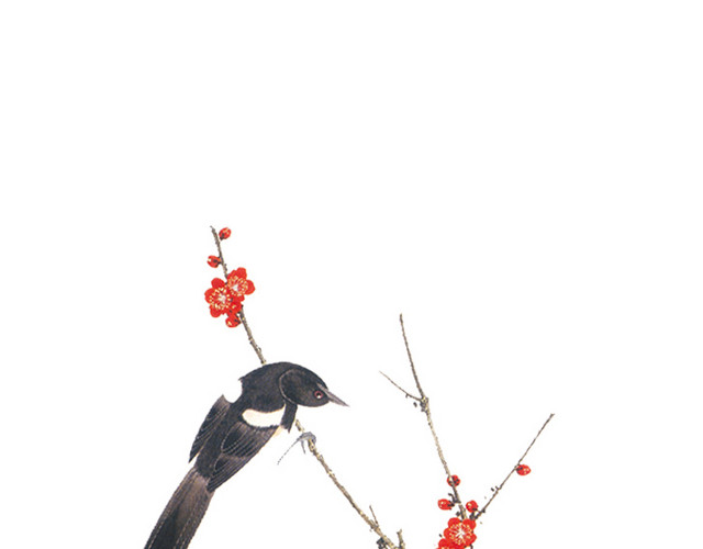 站在红色梅花枝头的小鸟设计素材