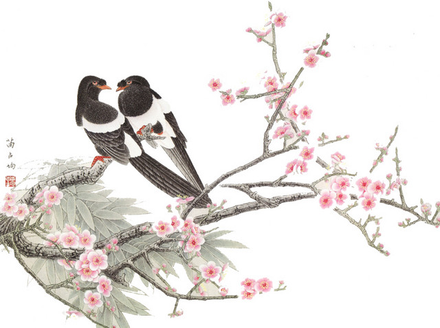 手绘工笔站在梅花枝头的小鸟设计素材