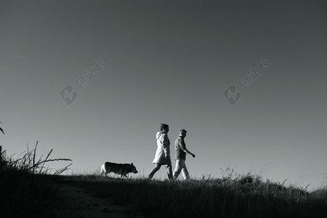 灰色人物和谐天空下草地上散步的人和狗自然生物室外人物背景图片