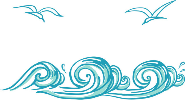 蓝色线描海浪波浪飞鸟设计素材