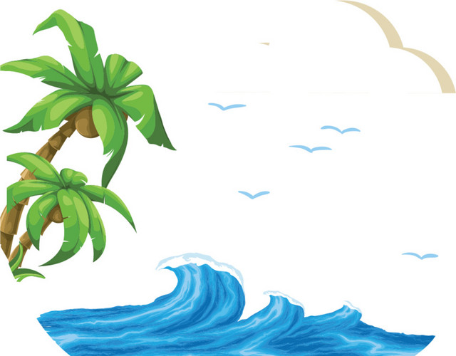 清新椰树海浪飞鸟设计素材