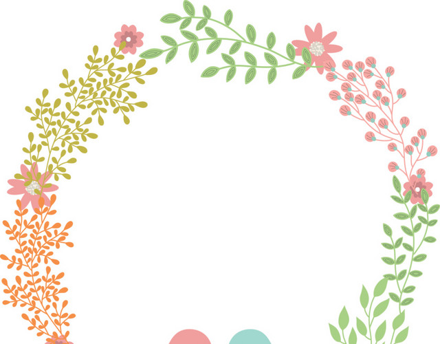 清新绿叶鲜花小鸟花环设计素材