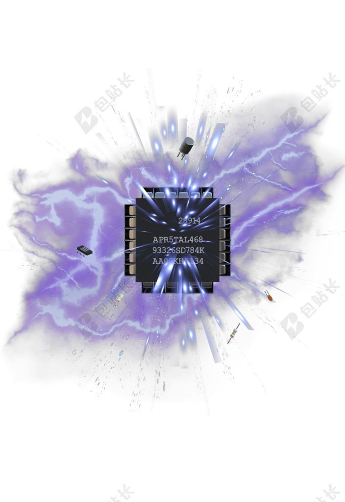 蓝黑电子炸裂电子板上的蓝色光芒电子导体