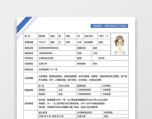 蓝色简洁大气程序员WORD格式简历表格模板