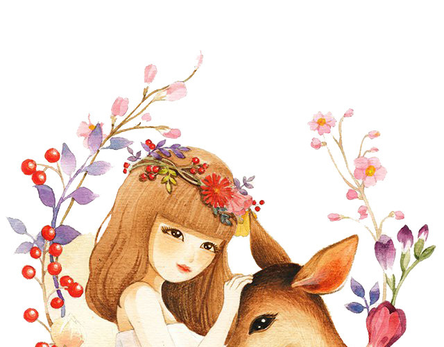 插画鹿和女孩
