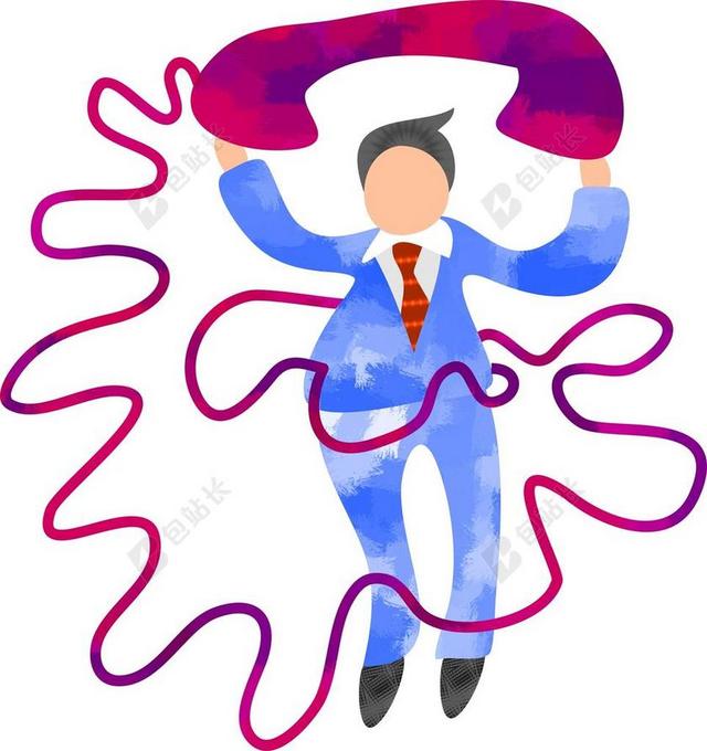 彩色通讯创意电话线缠绕在男子身上的简笔画电话通讯交流背景图片