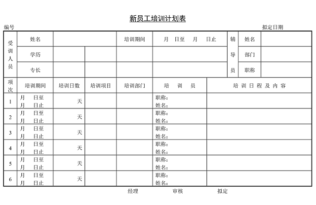 黑白简约正式新员工入职培训计划表WORD模板