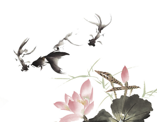 手绘古风荷花池塘水墨插画