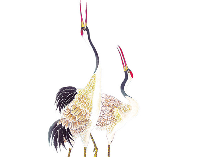 手绘鸣叫仙鹤古风水墨插画
