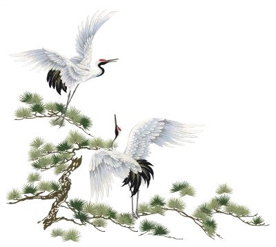 手绘仙鹤风景图插画