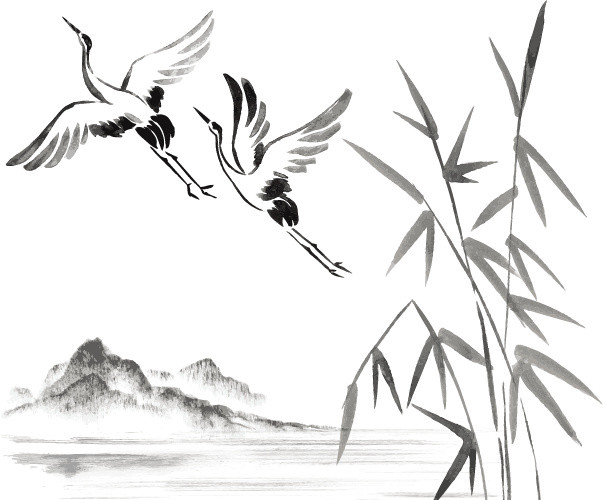 手绘古风仙鹤简笔水墨插画