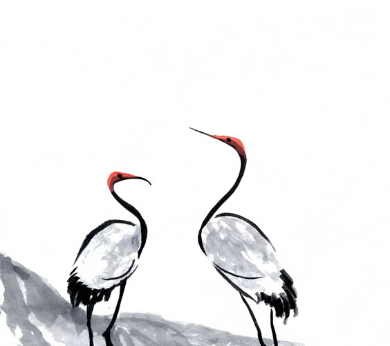 卡通仙鹤水墨插画素材