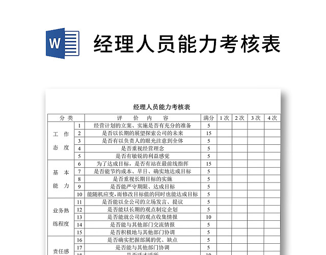 黑白简约正式公司经理人员能力考核表服务成绩考核表WORD模板