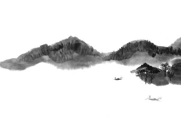 墨色江中船素材