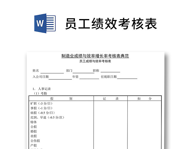 黑白简约正式公司主管人员服务成绩考核表WORD模板