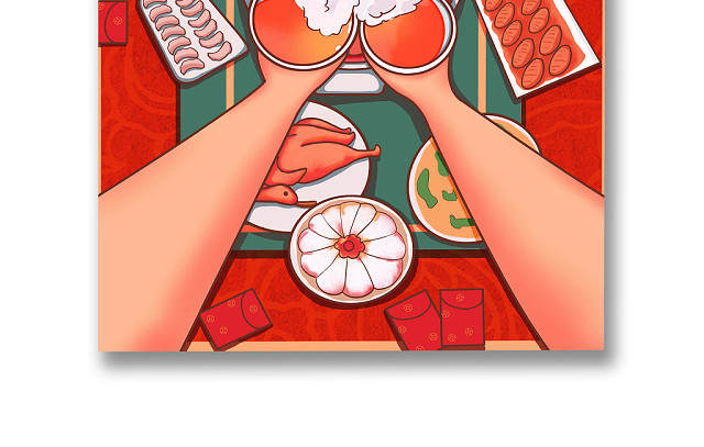 彩色简约红色喜庆卡通新年快乐年夜饭WORD模板年夜饭海报