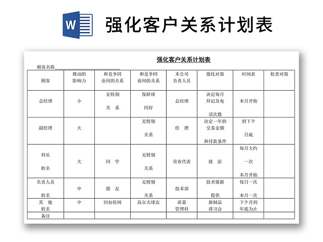 黑白简约正式强化客户关系计划表人事部WORD模板