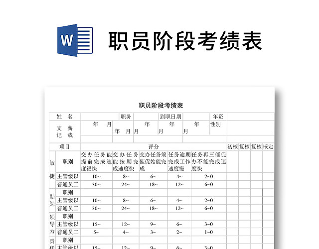 黑白简约正式公司职员阶段考绩表服务成绩考核表WORD模板