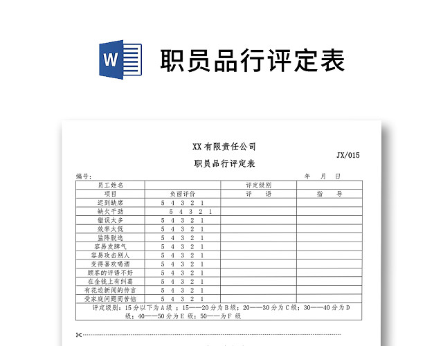 简约正式公司部门职员员工品行评定表评价表WORD模板