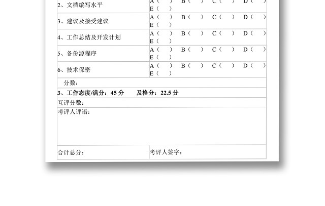 黑白简约正式公司软件工程师考评表服务成绩考核表WORD模板