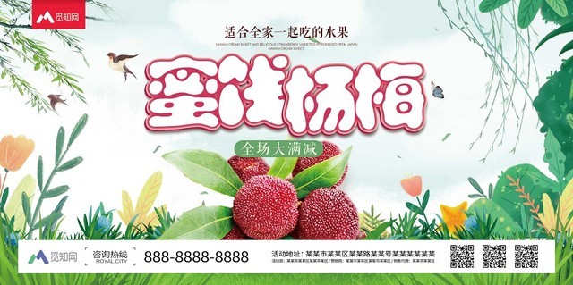 绿色清新背景杨梅水果蜜饯杨梅促销海报