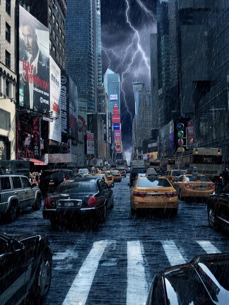 街景繁华大街上的汽车和高楼城市风景背景图片