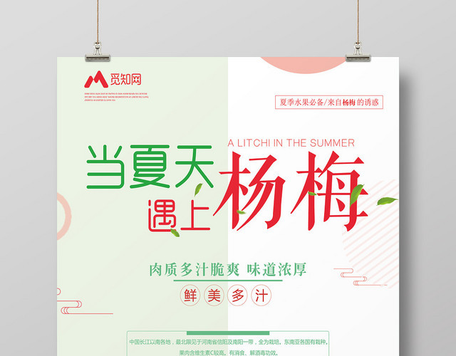 绿色清新当夏天遇上杨梅水果鲜明多汁宣传海报