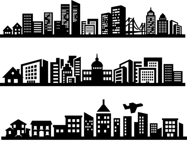 黑白城市建筑卡通插画