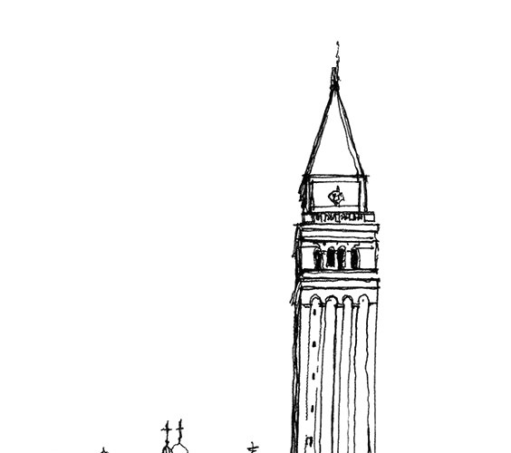 手绘欧美建筑黑白插画