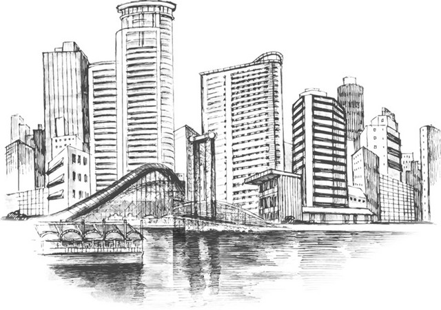 手绘黑白城市建筑矢量素材