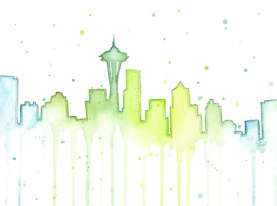 绿色小清新水彩城市建筑插画