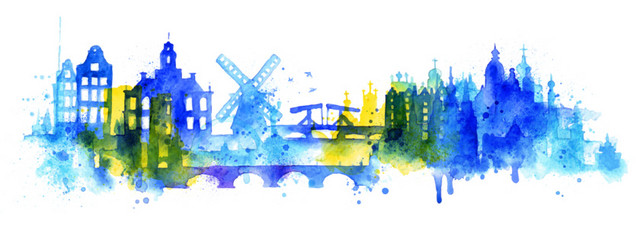 蓝色泼墨风城市建筑插画
