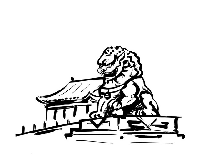 手绘中国风建筑黑白矢量插画
