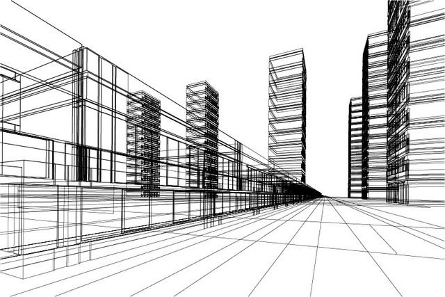 手绘城市高楼线条插画