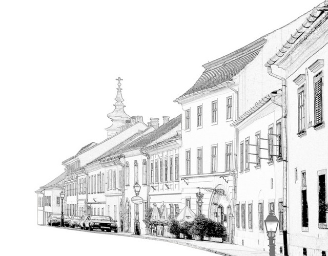 手绘城市街道风景黑白插画