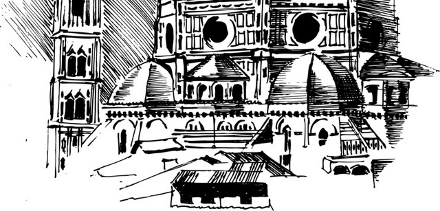 黑白城市建筑手绘矢量插画