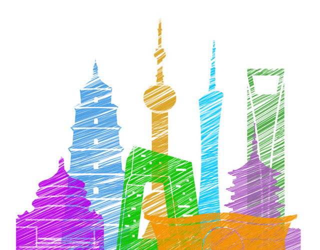 手绘彩色线条城市建筑矢量插画
