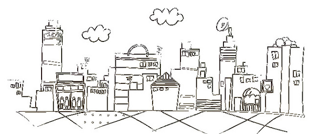 黑白城市建筑手绘线条矢量插画