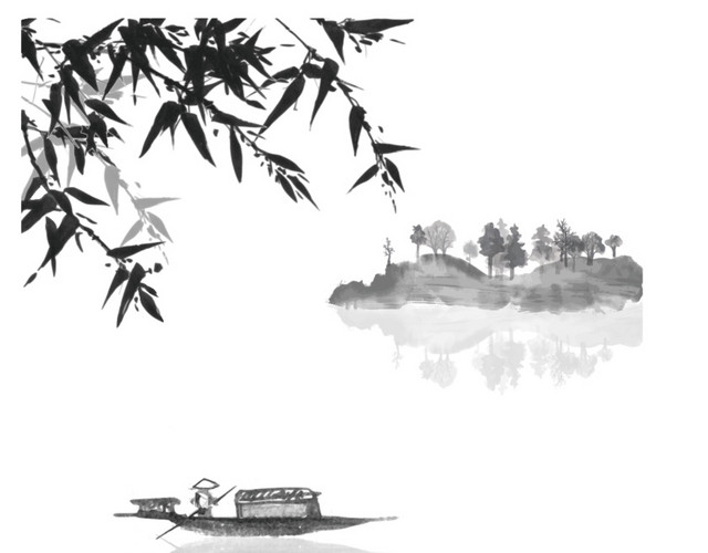 墨色国画江中小船素材