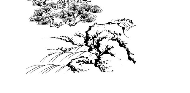 手绘墨色松柏白鹤国画素材