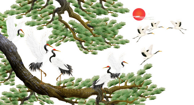 松间舞蹈的仙鹤风景画中国风素材
