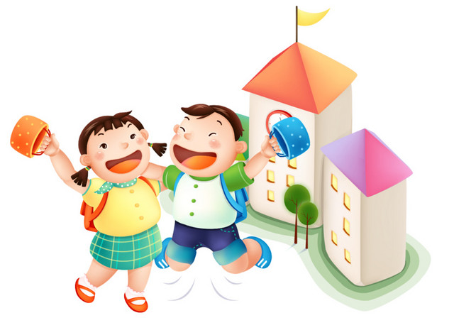 清新卡通人物学校建筑矢量图