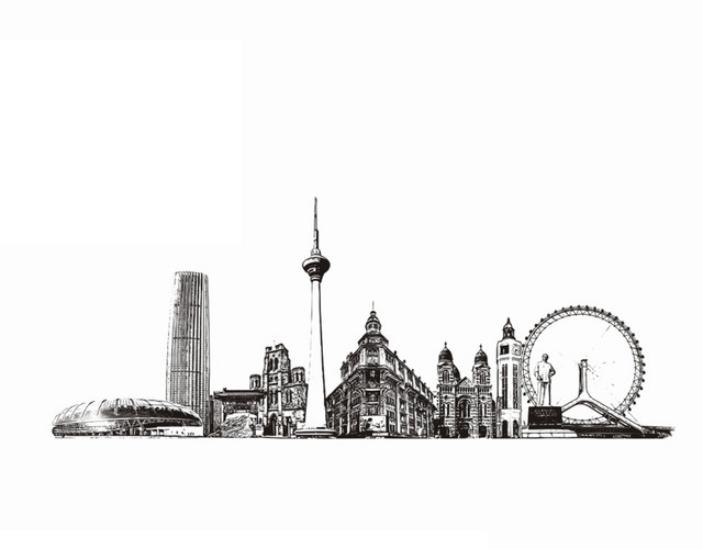 手绘城市建筑旅游景点黑白插画