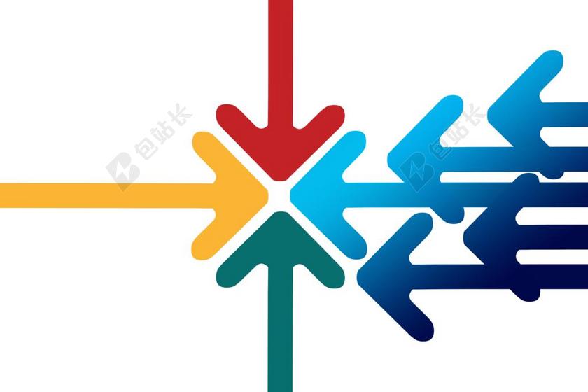 彩色符号创意简明蓝色箭头们向中间十字箭头交汇处前进目标符号背景图片