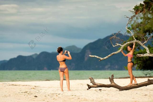 热带 海滩 女孩 妇女 照片 射击 考虑 构成 岛 沙
