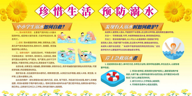 黄色淡雅卡通暑假安全防溺水小学生儿童户外安全知识教育展板