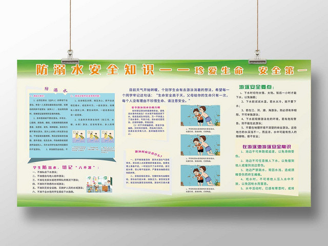 淡雅卡通防溺水儿童暑期安全小学生户外安全知识教育展板